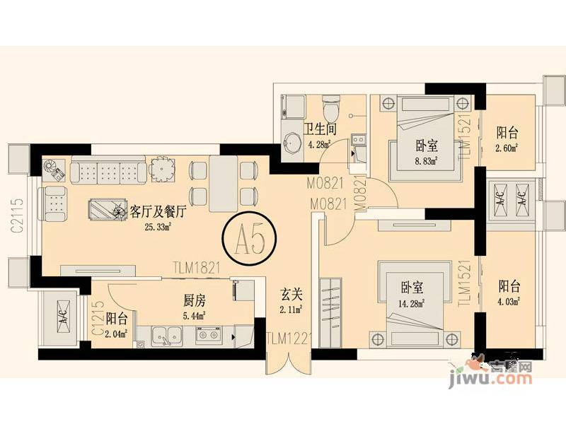 海城燕莎中心2室2厅1卫93.6㎡户型图