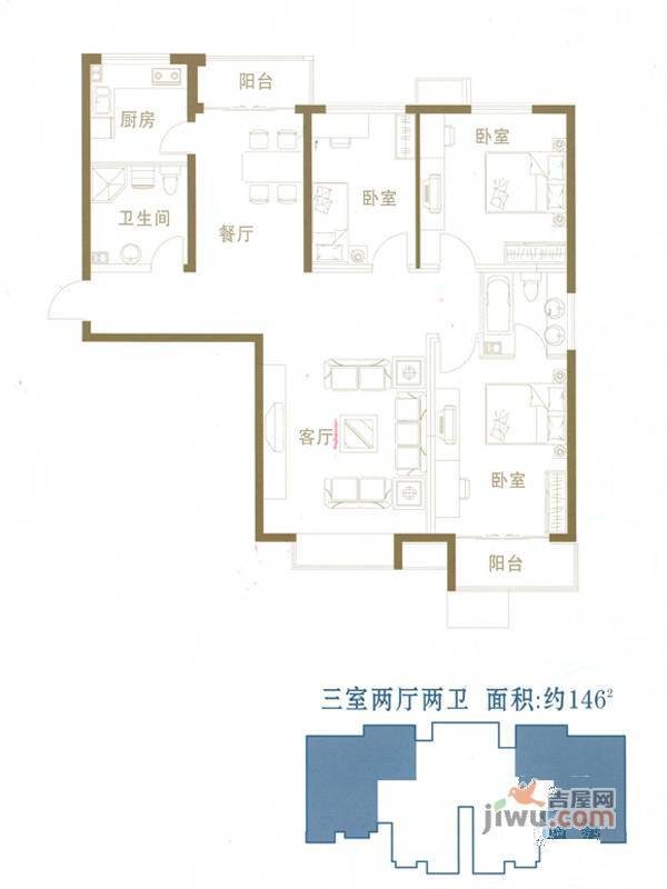 北城枫景3室2厅2卫146㎡户型图