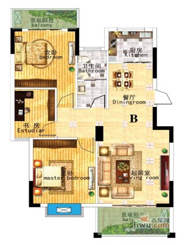 冠都幸福彼岸3室2厅1卫108㎡户型图