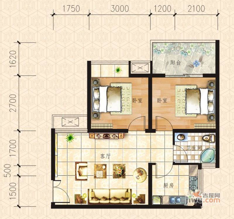 颐和苑2室1厅1卫57.6㎡户型图