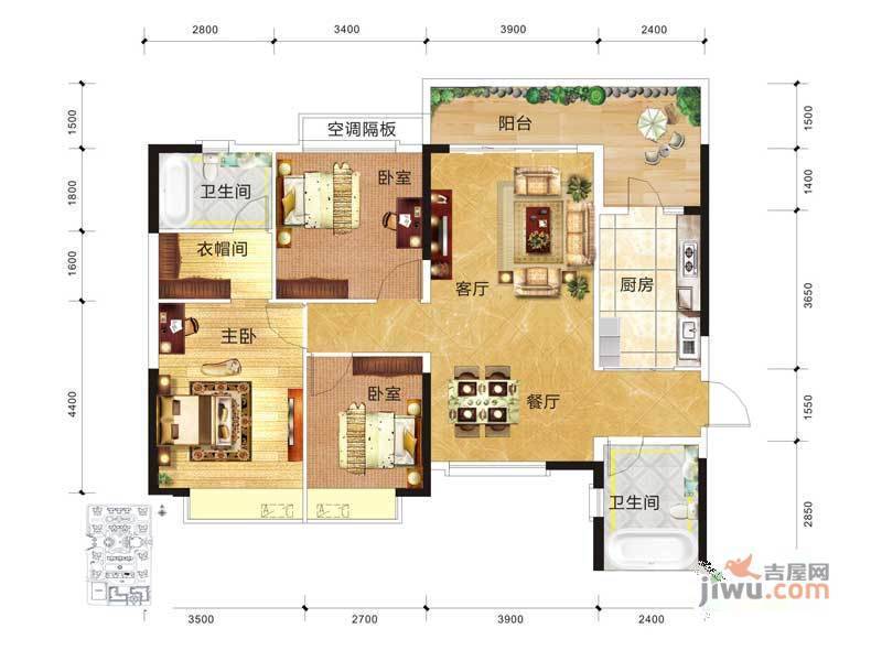 恒大绿洲3室2厅2卫125.1㎡户型图