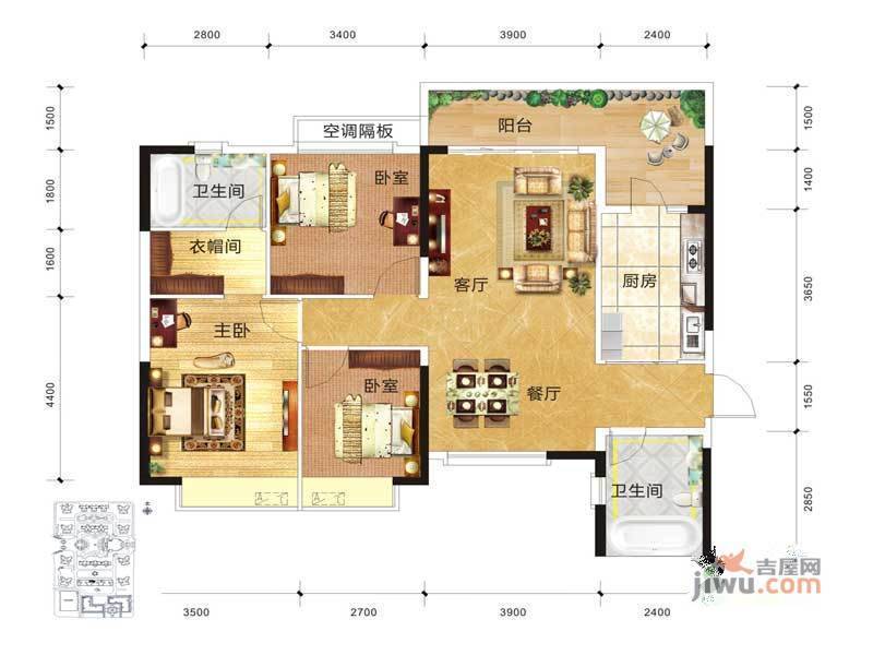 恒大绿洲3室2厅2卫125.1㎡户型图