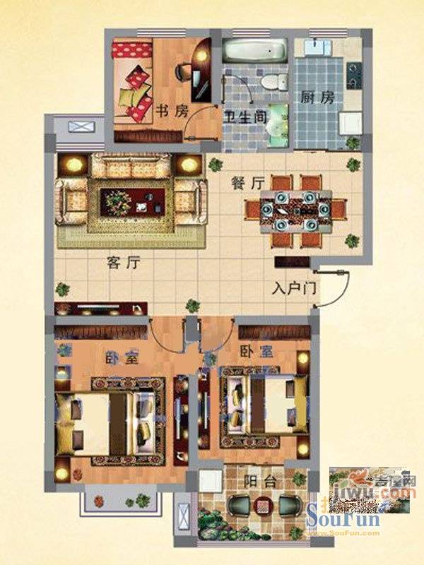 金满华府3室2厅1卫94㎡户型图