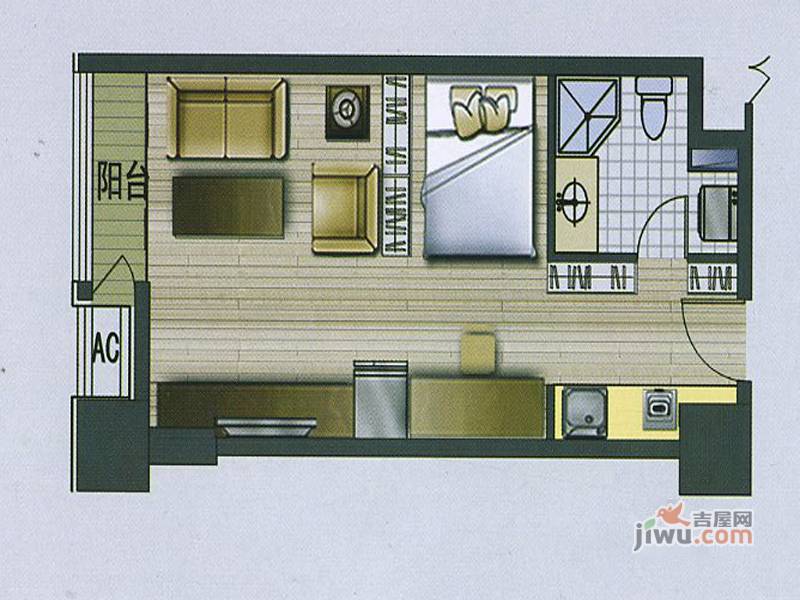 城市桂冠公寓1室1厅1卫52㎡户型图