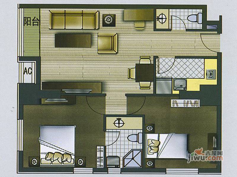 城市桂冠公寓2室1厅2卫99.5㎡户型图