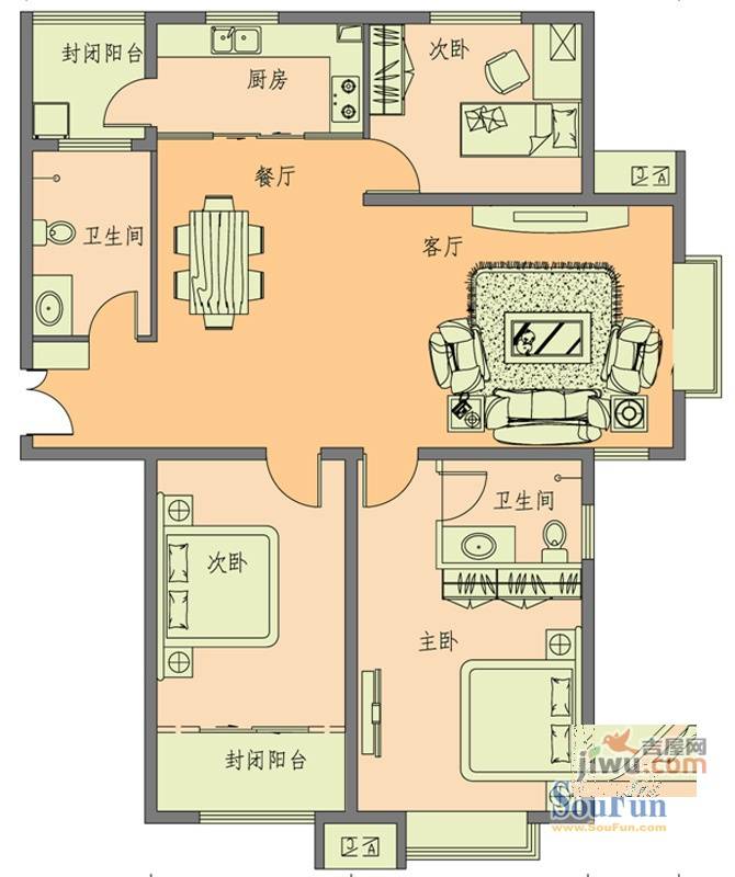 水岸小镇3室2厅2卫134.9㎡户型图