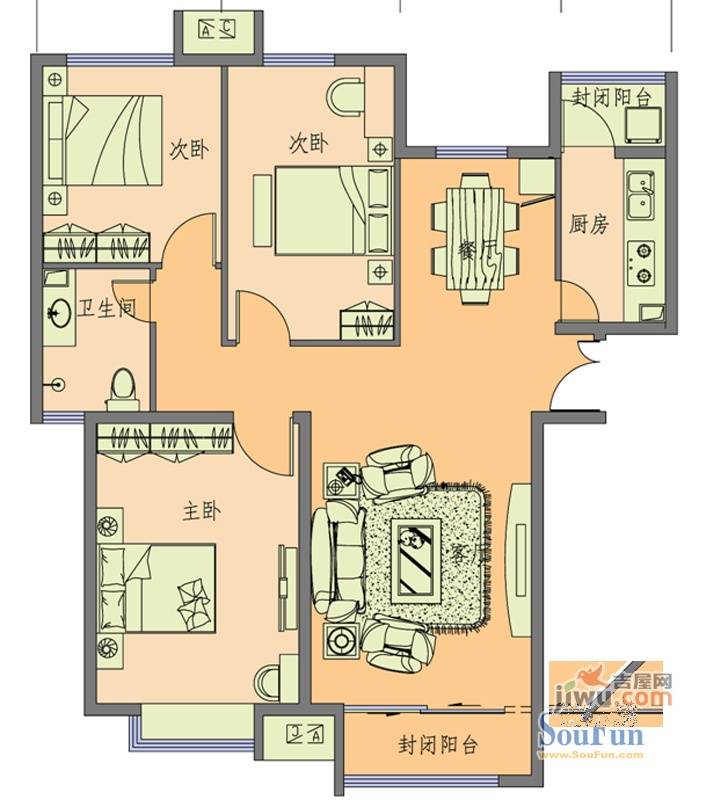 水岸小镇3室2厅1卫118㎡户型图