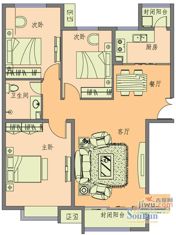 水岸小镇3室2厅1卫116.5㎡户型图