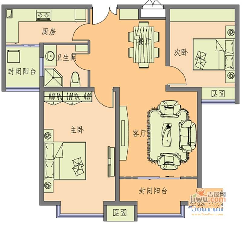 水岸小镇2室2厅1卫96.9㎡户型图