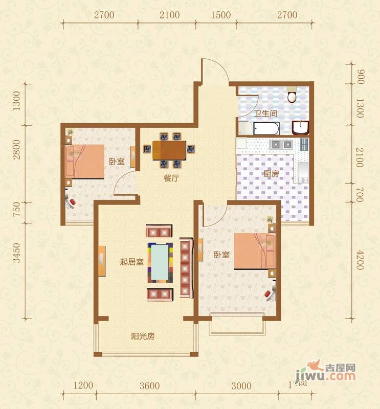 澳华城市花园2室2厅1卫80㎡户型图