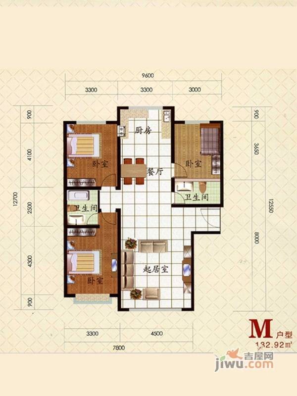 千家和众新家园3室2厅2卫132.9㎡户型图