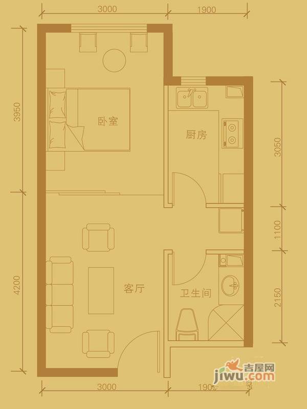 水岸小镇1室2厅1卫46㎡户型图