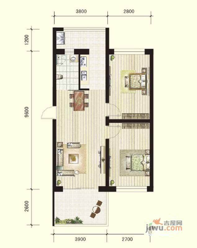 城市之光2室1厅1卫120㎡户型图