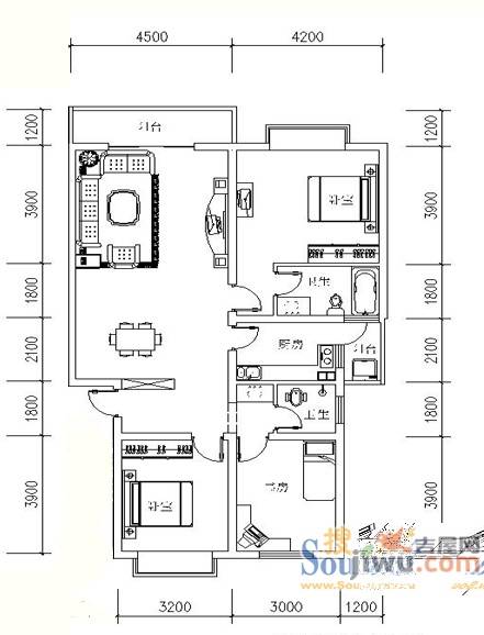 清华苑3室1厅2卫118.3㎡户型图