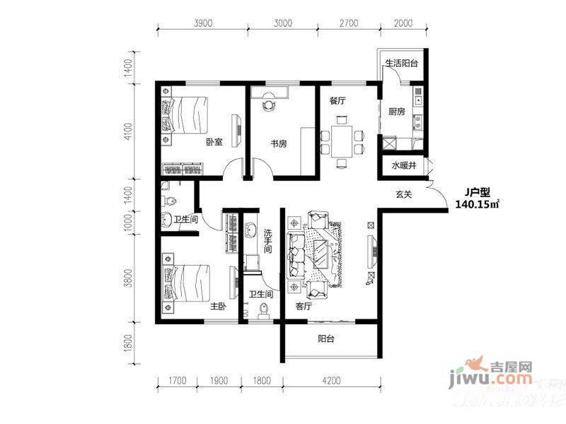 乐居时代3室2厅2卫140.2㎡户型图