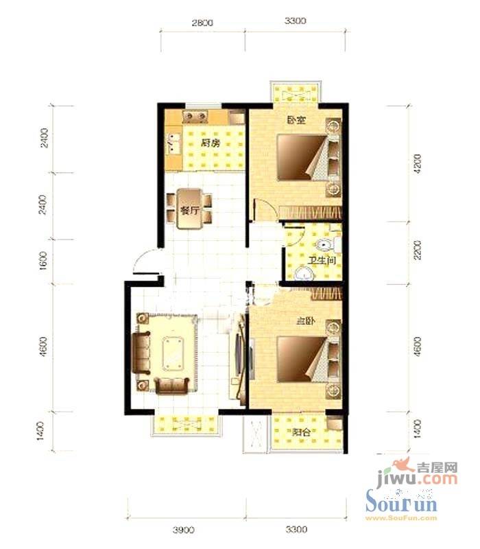 达润时代逸城2室2厅1卫104.5㎡户型图