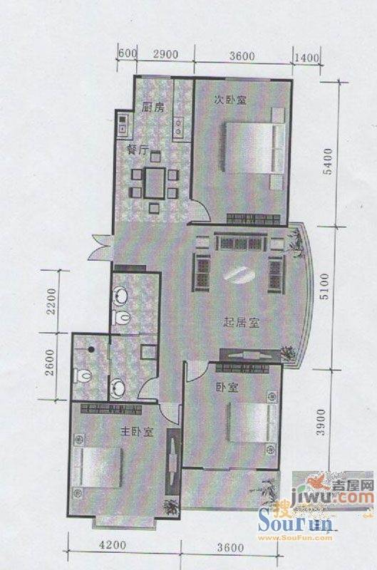 石河佳园3室2厅1卫141.9㎡户型图