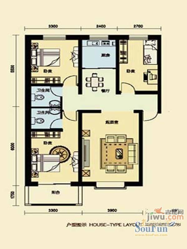 绿茵港湾3室2厅2卫108.3㎡户型图