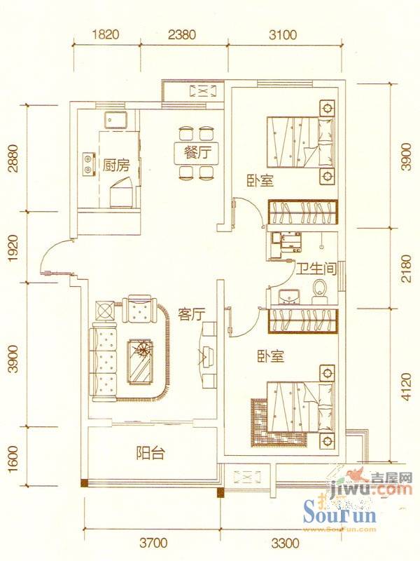 星河尚品2室2厅1卫93.3㎡户型图