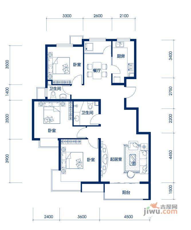 海岸国际3室2厅2卫128.6㎡户型图