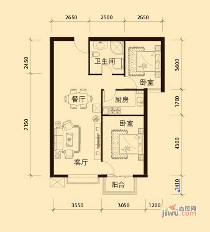 壹品天城2室2厅1卫89.8㎡户型图