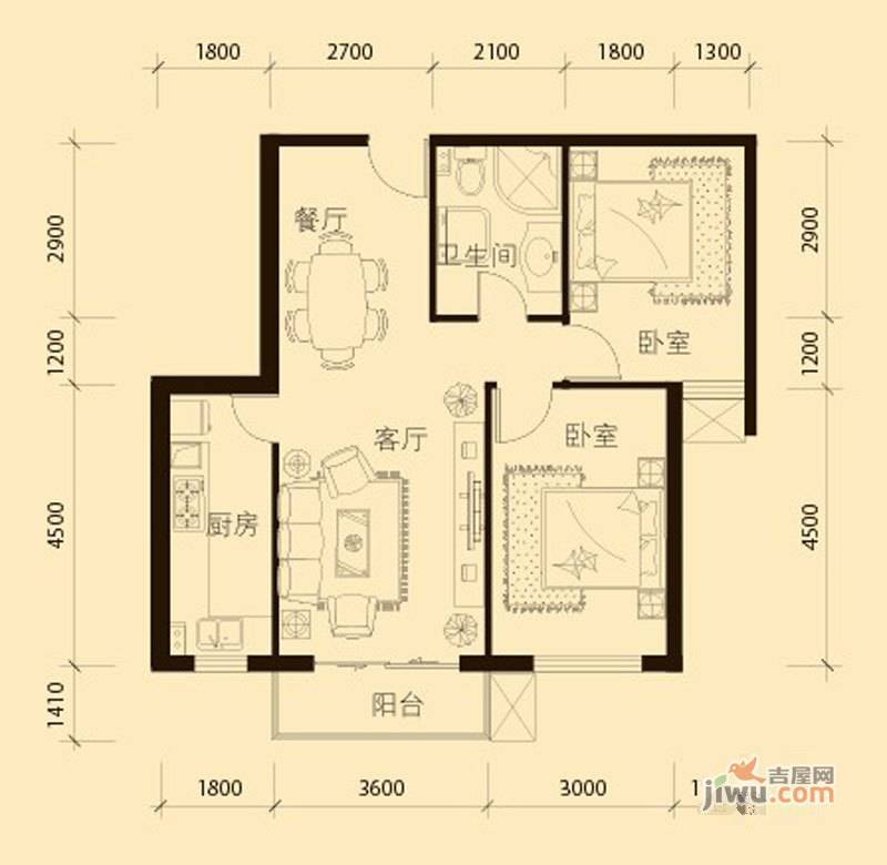 壹品天城2室2厅1卫94.4㎡户型图