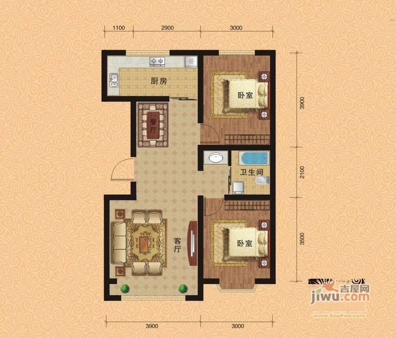 凯旋名都二期2室2厅1卫84.5㎡户型图