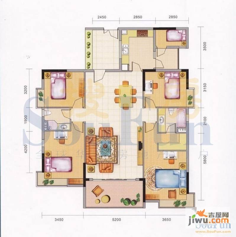 领地海纳天河花园2室2厅2卫82㎡户型图