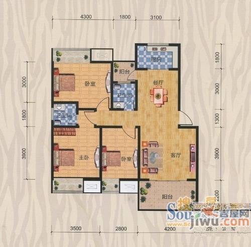 华城山水人家3室2厅2卫89㎡户型图