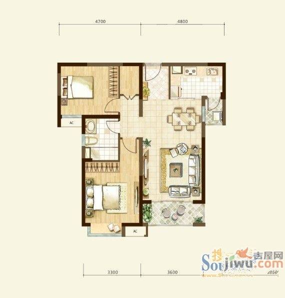 中海国际社区2室2厅1卫88㎡户型图