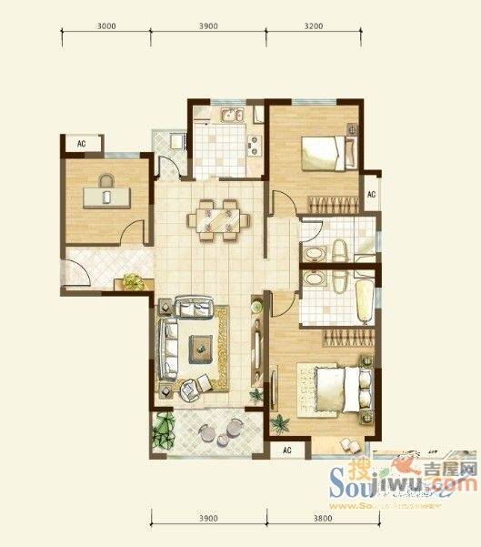 中海国际社区3室2厅2卫122㎡户型图