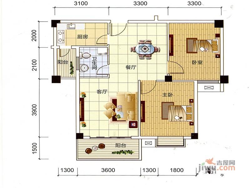 中民阳光城2室2厅1卫81.5㎡户型图