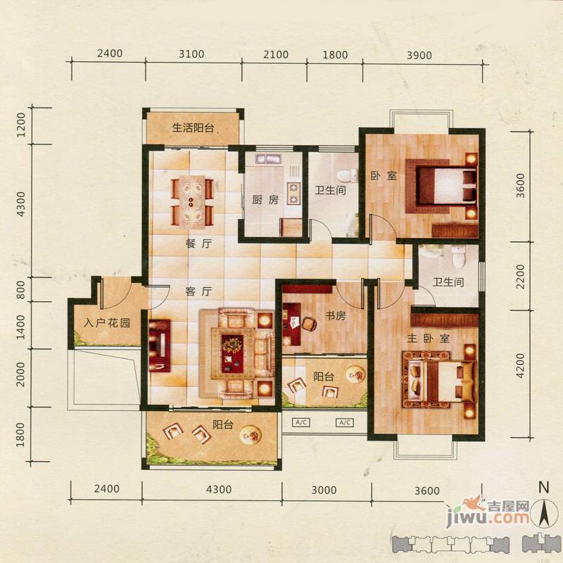 名扬鑫城3室1厅2卫125㎡户型图