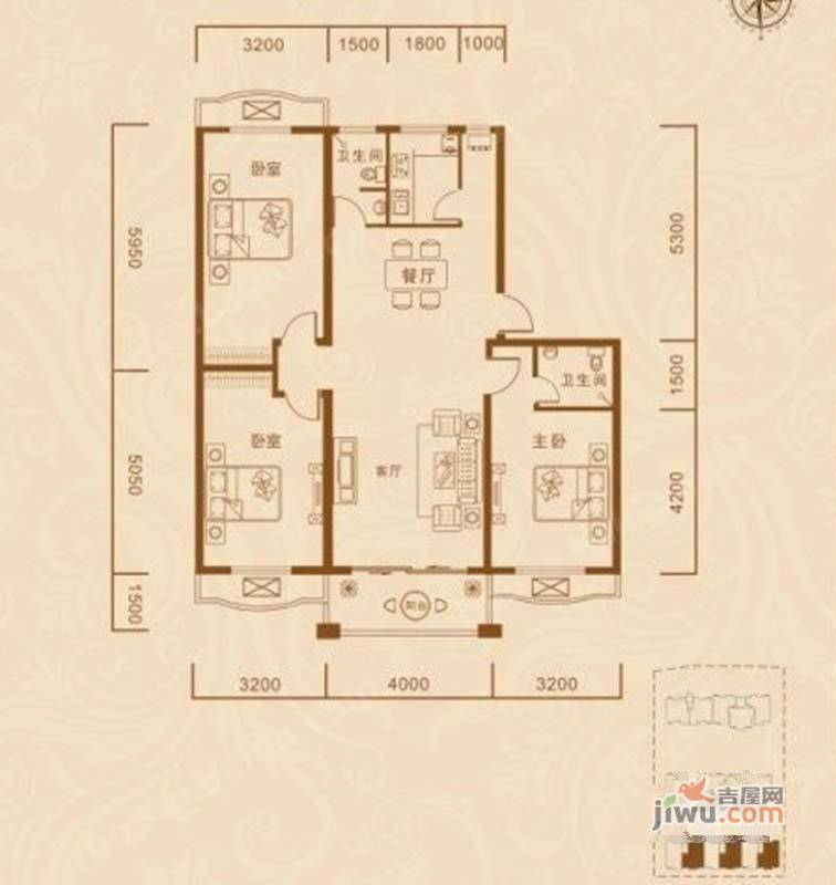 凤翔花园3室2厅2卫121.8㎡户型图