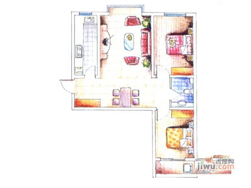 城市西景2室2厅1卫98㎡户型图