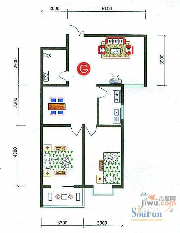 北海庄园2室2厅1卫109.2㎡户型图