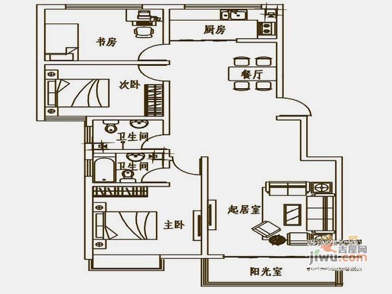 华浩活力城3室2厅2卫129.2㎡户型图