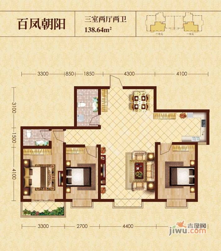 凤凰城3室2厅1卫138.6㎡户型图