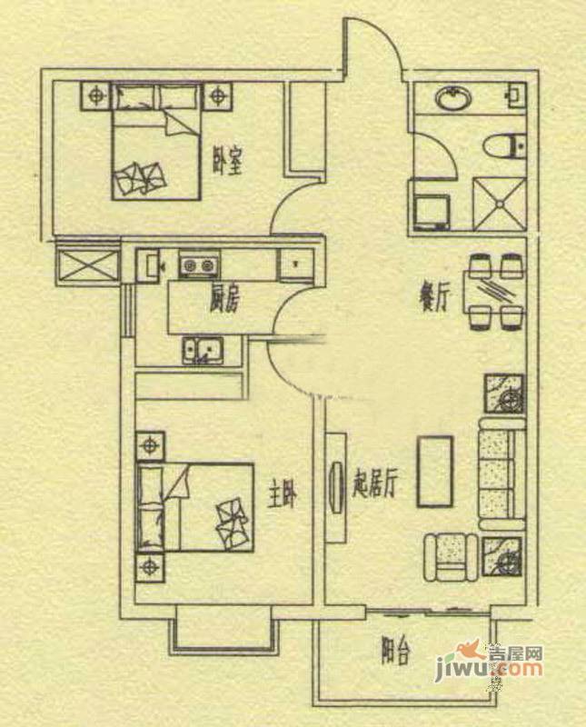 中央公园2室2厅1卫95.3㎡户型图