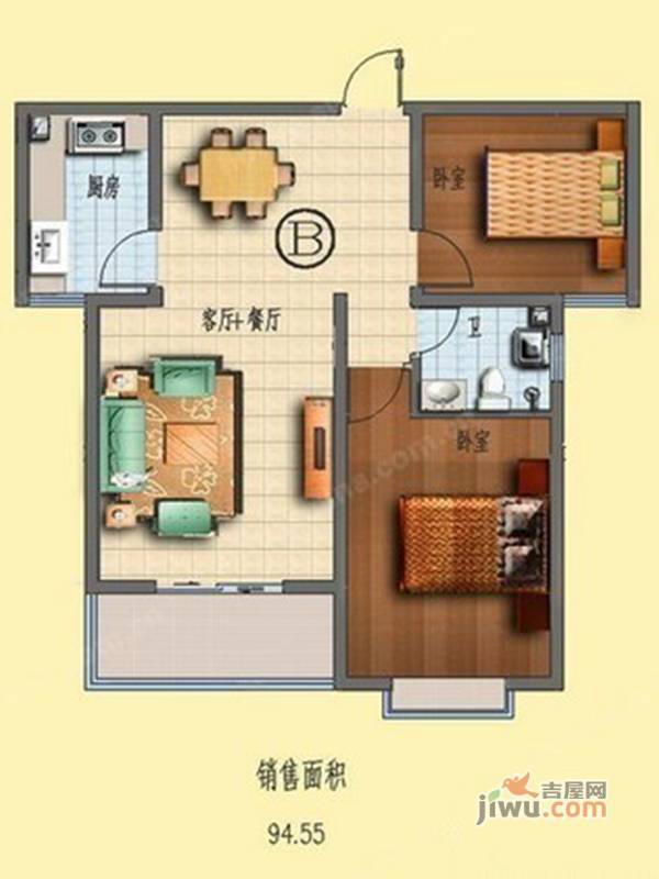 国际新城瑞德苑2室1厅1卫94.5㎡户型图