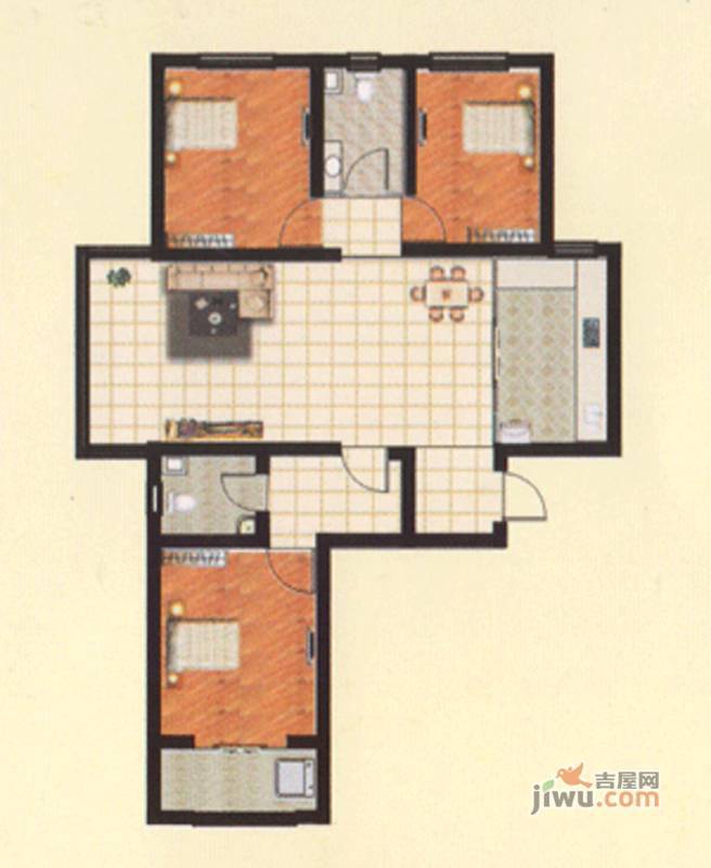 城市西景3室2厅1卫90㎡户型图