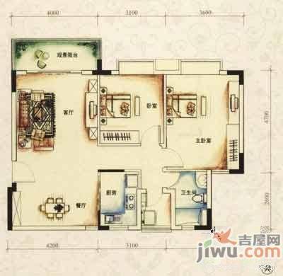 高尔夫1号2室2厅1卫140㎡户型图