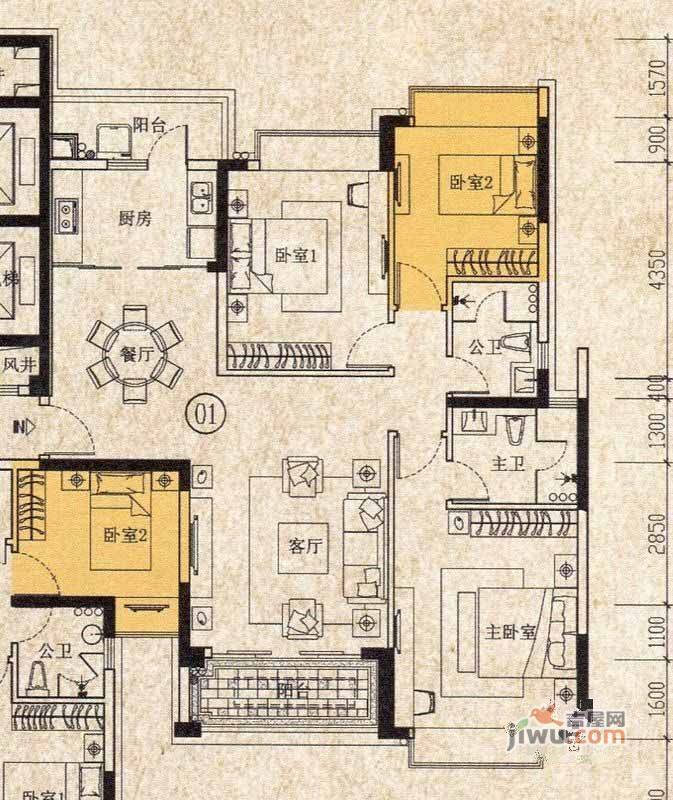 开平中颐海伦堡3室2厅2卫117.4㎡户型图