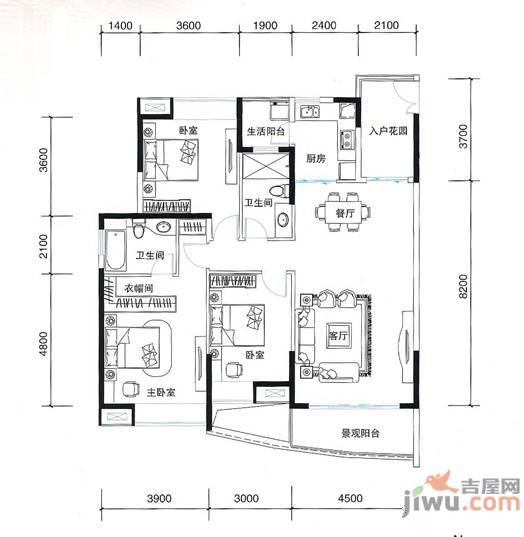 中天国际3室2厅2卫125㎡户型图