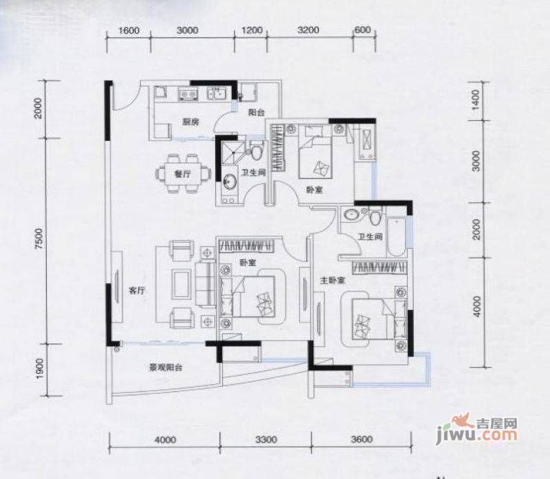 中天国际3室2厅2卫118㎡户型图