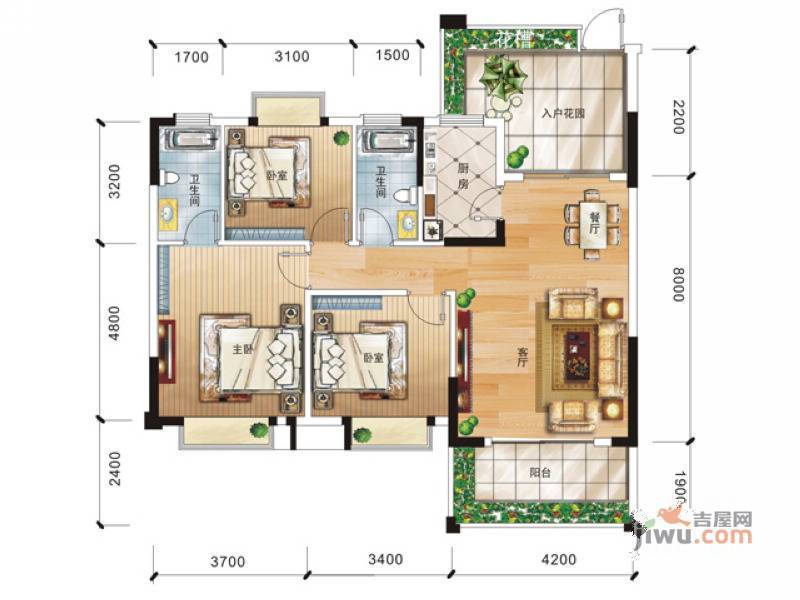 外海·翡翠华府2室2厅1卫88.1㎡户型图