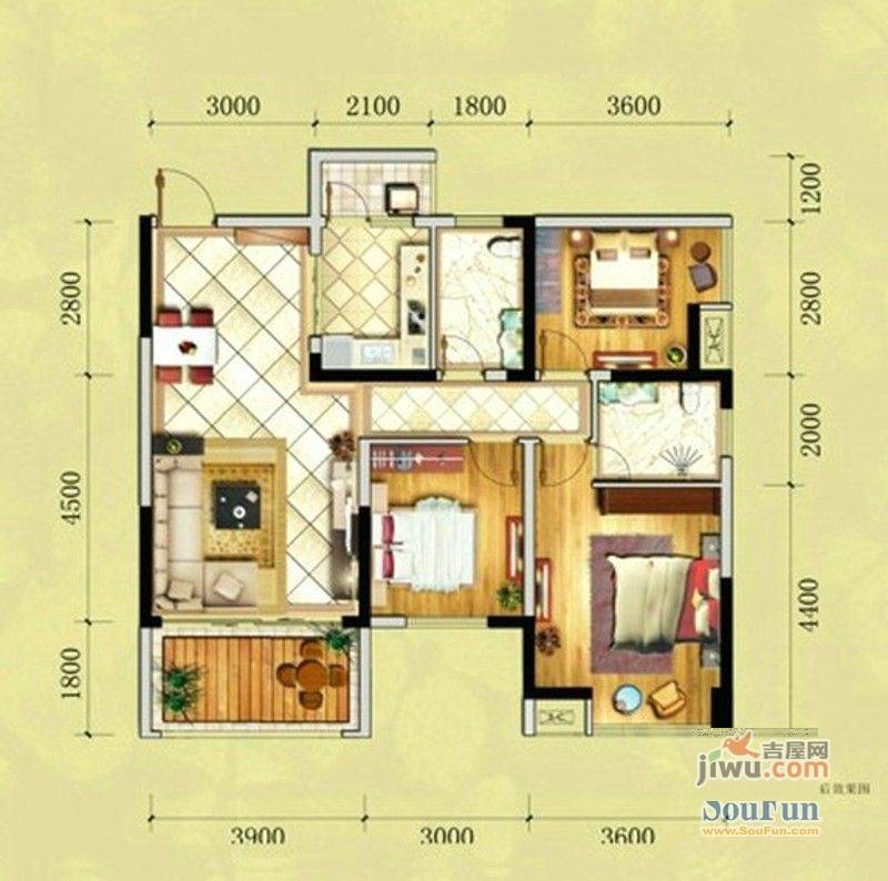 嘉州长卷天玺3室2厅2卫91.3㎡户型图