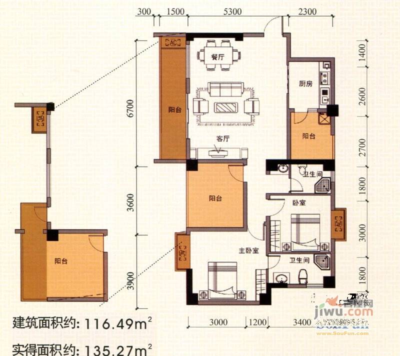 三江名都2室2厅2卫116.5㎡户型图