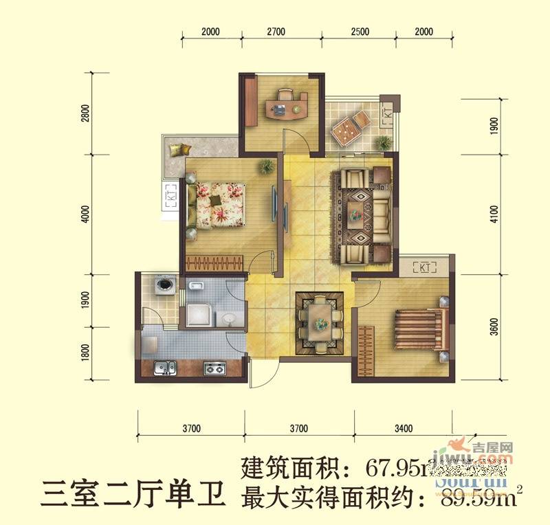 鹭岛国际社区3室2厅1卫68㎡户型图