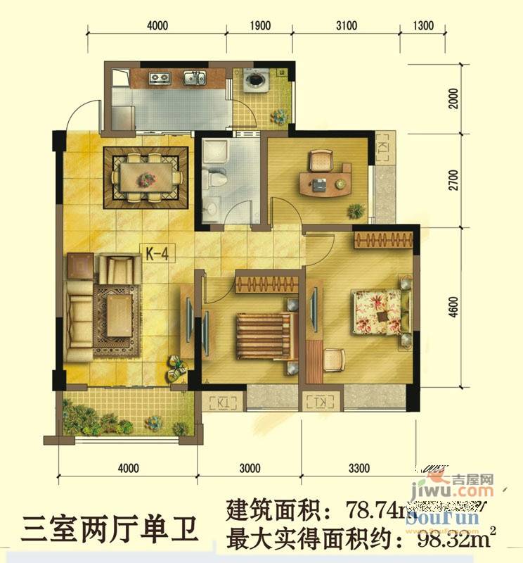 鹭岛国际社区3室2厅1卫78.7㎡户型图